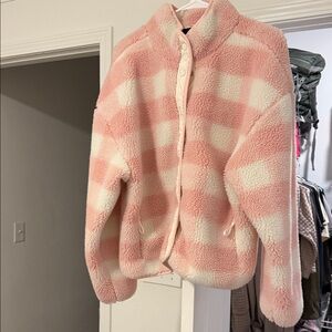 Fabletics Sherpa Fleece Pink and White Plaid Jacket
